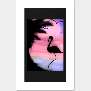 tropical sunset silhouette flamingo Posters and Art